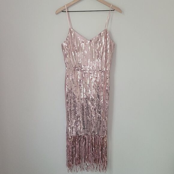 Laundry by Shelli Segal Sequin Fringe Sheath Dress in Pink Size 8 - Picture 2 of 8